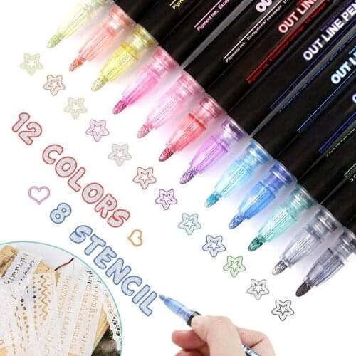 12 Marker Washable Painting brush Pen Double Line Outline Pen Metallic Magic Highlighter for Art Supplies markers manga colores