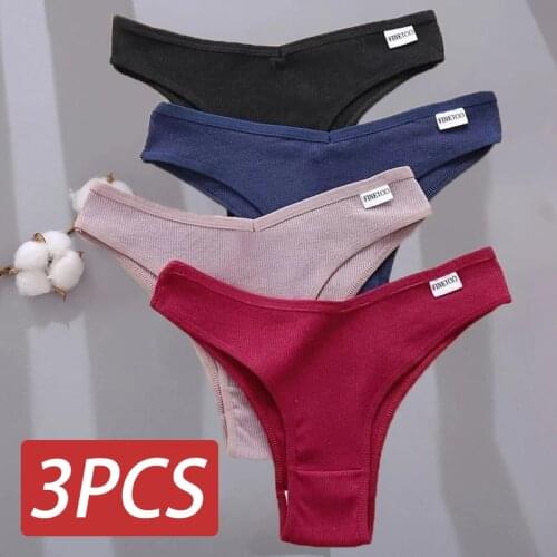 FINETOO 3PCS/Set Womens Panties Cotton Brazilian Underwear Women Sexy V Waist Womens Thong Female Underpants Intimate Lingerie