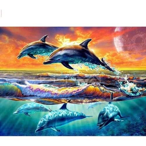 Full Square/Round Drill 5D DIY Diamond Painting "Dolphin couple" 3D Embroidery Cross Stitch Puzzle Vast ocean 5D Home Decor