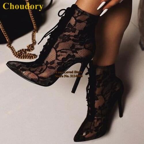 Choudory Black Lace Floral Mesh Ankle Boots See Through Embroidery Lace Flowers Stiletto Heels Short Boots Wedding Shoes Size46