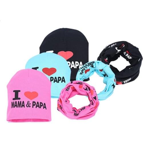 2Pcs Cotton Baby Hat Scarf Set Spring I Love MAMA PAPA Print Autumn Winter Children Caps Scarves Boys Girls Collar Suit
