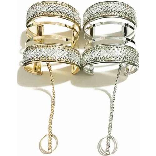 Gothletic Gold/Rhodium Color Rhinestone Open Metal Cuff Slave Bracelets & Bangles & Ring Pack Hand Harness Fashion Jewelry Set