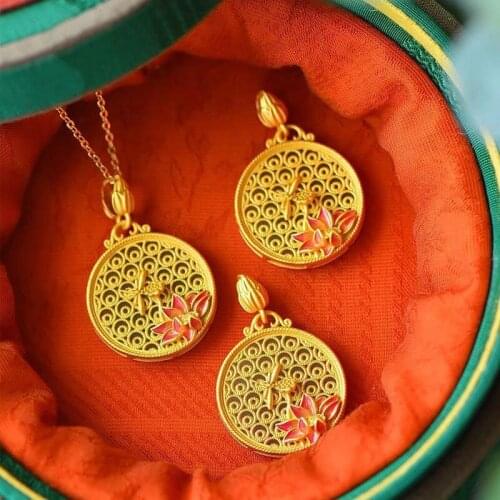 Natural Hetian Jade White Jade round Brand Lotus Pendant Ancient S925 Sterling Silver Gilding Dragonfly Lotus Pendant Necklace f