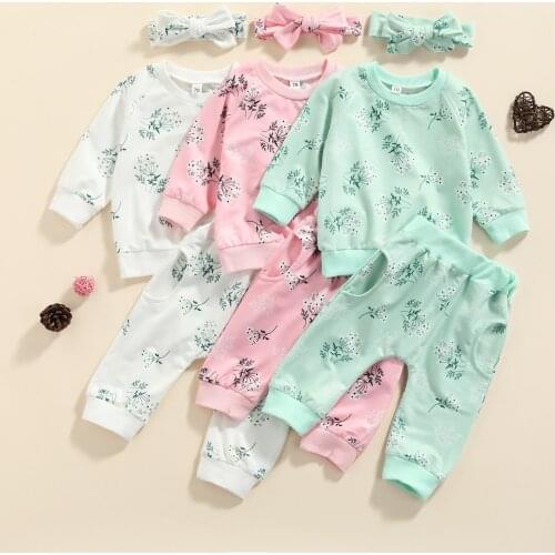3Pcs Little Girls Outfit, Sweet Style Floral Plant Printing Long Sleeve Round Collar Tops + Long Trousers + Headwear