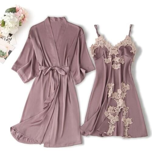 Autumn Summer Women Satin Robe & Gown Sets Sexy Lace Sleep Lounge Silk Nightwear Bathrobe+Sling Nightdress Robe sets Chest Pads