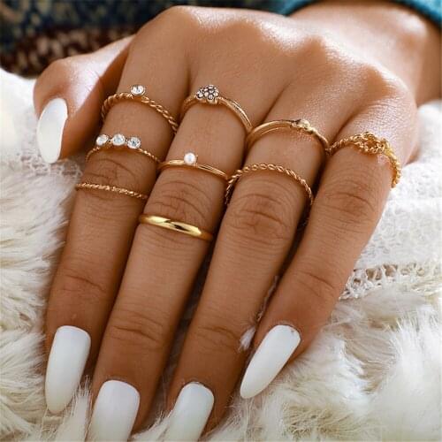LIMARIO 9pcs/sets Luxury Shiny Crystal Stone Gold Pearl Rings for Women Charm Geometric Bohemian Jewelry