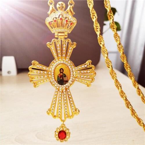 Fashion Zinc Alloy Cross Gold Color Necklace for Women Men Orthodox Russian cross Jewelry Crystal Pendant Crown Long Necklaces