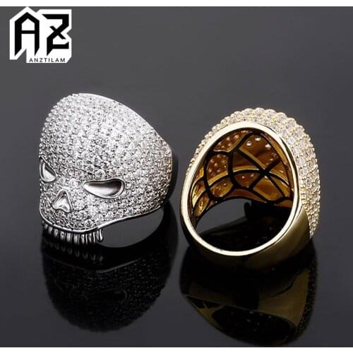 AZ New Bling Gold Color Skull Iced Out Ring Paved AAA+ Cubic Zircon Stone Rings For Men Rapper’s Finger Jewelry Wholesale