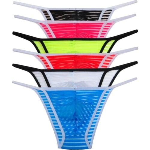 New Mens Border Mesh Striped Briefs Spun Yarn Bikini Brief Underwear Pouch Open Side Fitness Wear