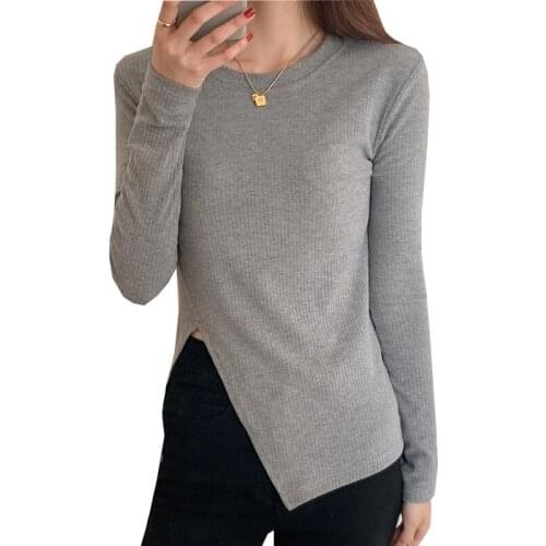 Autumn Cotton Tee Shirt Femme Black Split Fork Long Sleeve Tshirt Women Solid O-Neck Top Slim Korean Fashion Camisetas De Mujer