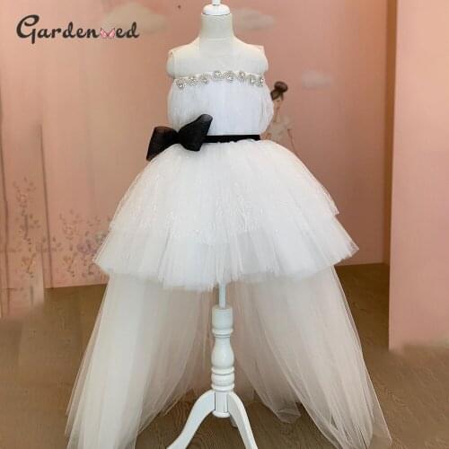 Luxury Ball Gown Flower Girl Dress Crystal Beading Communion Dress Bow Belt High Low Girl Princess Dress платье для девочки