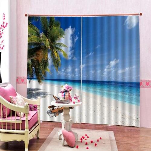 Beach seaside scenery Curtain Printing For living room bedroom Coconut Tree Blackout Window Drapes Sets (Left and Right Side)