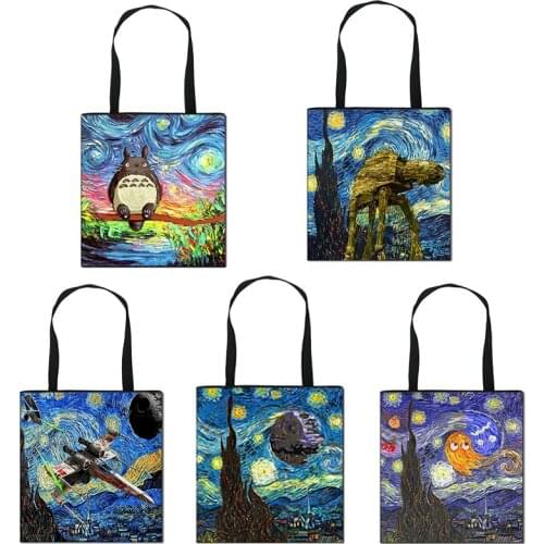 Fashion Handbag Starry Night Painting Van Gogh Tote Bags Women Reusable Shopping Convenience Bags Traveling Beach Folding Bags