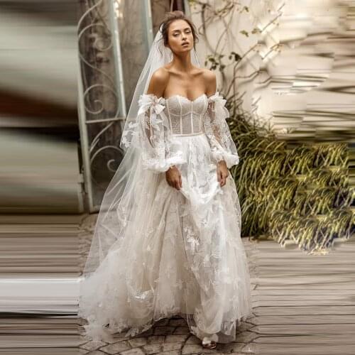 Thinyfull Elegant Long Puffy Sleeve Sweetheart Wedding Dresses A Line Sweep Train Bride Dresses Tulle Lace Appliques Bridal Gown