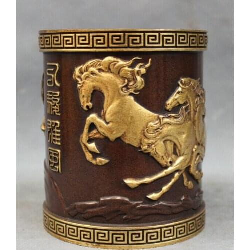 USPS to USA S1151 Chinese Bronze Copper 24K Gilt 8 Run Horse Statue Brush Pot Barrel Pencil Vase