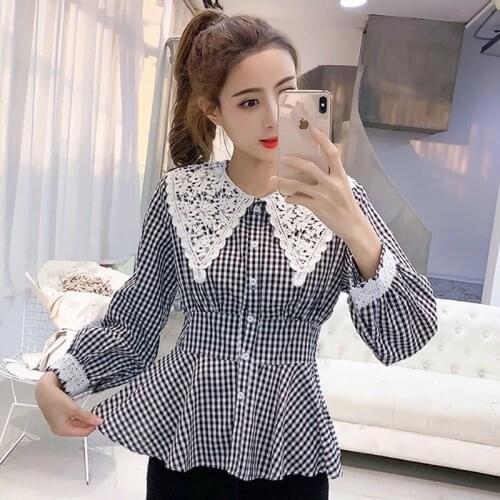 Blouse Women Long Sleeve Autumn Wear Lace Peter Pan Collar Shirt Plaid Spring Top Blusas Mujer De Moda