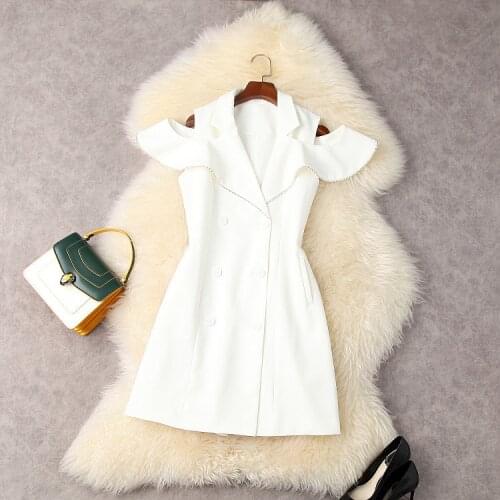 European and American womens wear for summer 2021 Nail bead with short sleeves Dew shoulder Fashion double breasted dress