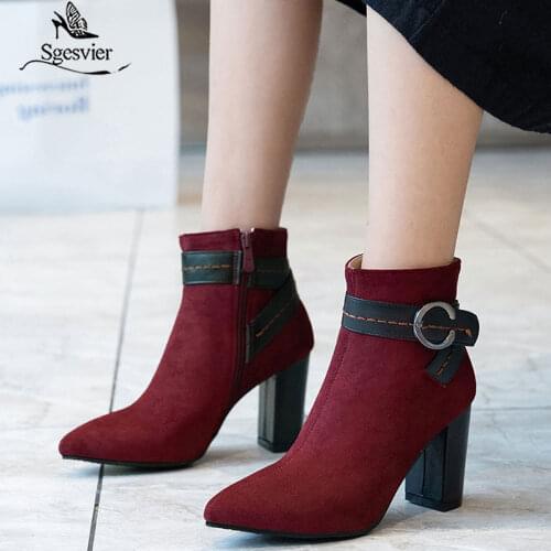 Sgesvier Sewing Buckle Zipper Fashion Ankle Boots Autumn Winter Flock Platform Women Shoes Square Heel Short Boots Size 46 G683