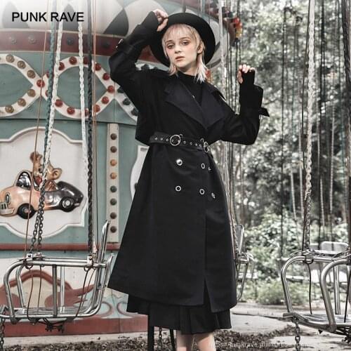 PUNK RAVE Girls Double-layered Turn-down Collar Long Overcoats with Belts Gothic Casual Twostyle Womens Trench Coats