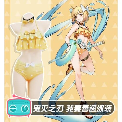 2021 Demon Slayer Cos Swimsuit Agatsuma Zen'itsu cosplay swimwear female split cute lace anime LL