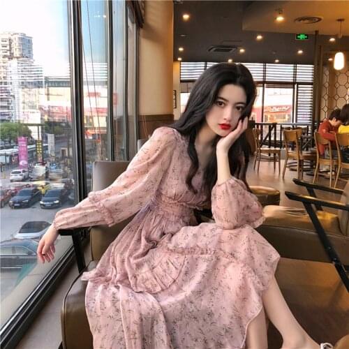 HStar Clothing Dresses Vestidos Print Korean Style Fashion New Long Sleeve Autumn Chiffon Pink Women
