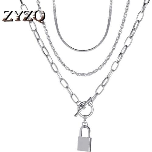 ZYZQ Hip-Hop Street Style Multi-Layer Pendant Necklace For Women Metal Lock Sweater Chain Net Red Hot Jewelry Accessories