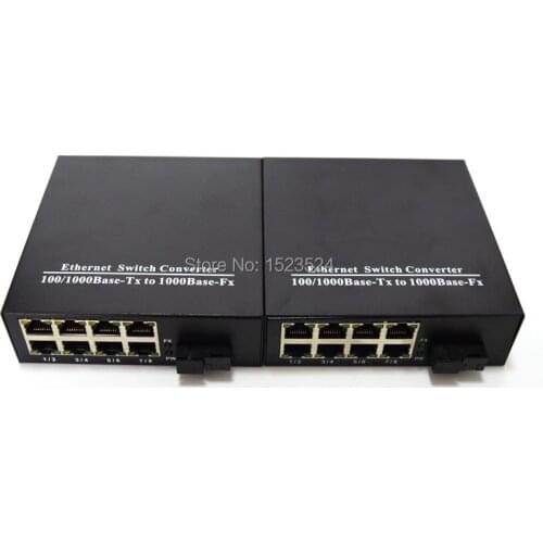 1 Pair 10/100/1000Mbps Fiber Optic Ethernet Media Converter Gigabite Single Mode Single Fiber with 8 RJ45 UTP and 1 SC Port