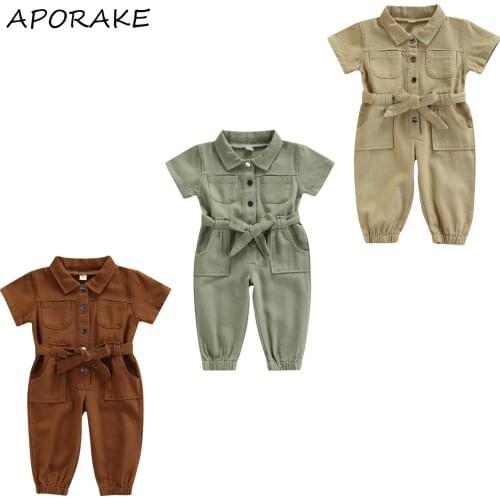 2021 0-5Y Toddler Baby Girl Overalls Long Pants Casual Summer Solid Turn-down Collar Pockets Button Short Sleeve Jumpsuit+Belt