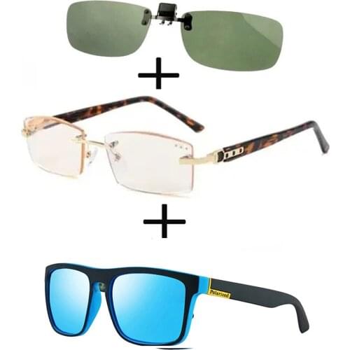 3Pcs!!! Titanium Gentleman Diamond Cut Reading Glasses Men Women + Polarized Sunglasses Squared Ultralight + Sunglasses Clip