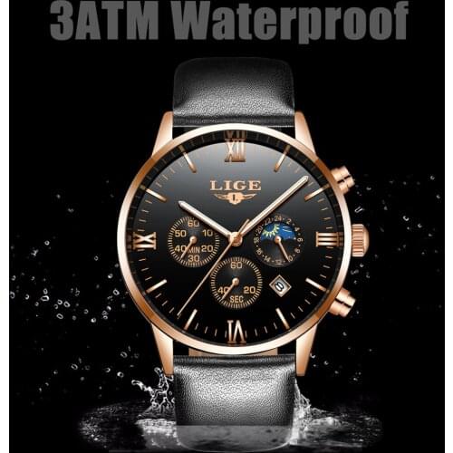 LIGE 9831L Mens Fashion Luxury Business Chronograph High Quality Leather Watch Waterproof Casual Sports Male Wristwatches