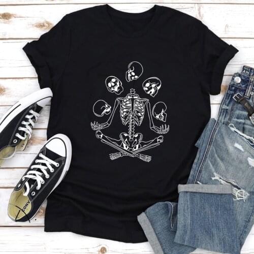 Meditation Skeleton 100% Cotton T-shirt Funny Namaste Yoga Workout Tshirt Gothic Women Hipster Halloween Graphic Tee Top