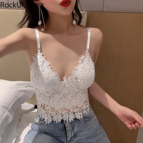 Chest Padded Wireless Bralette Bandage Embroidery Crochet Lace V Neck Spaghetti Strap Tee Crop Top Cute Cropped Camisole Camis