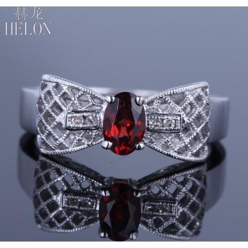 HELON Solid 10K White Gold Flawless Oval 6x4mm Genuine Garnet Diamonds Engagement Ring Bowknot style Fine Jewelry Best Gift