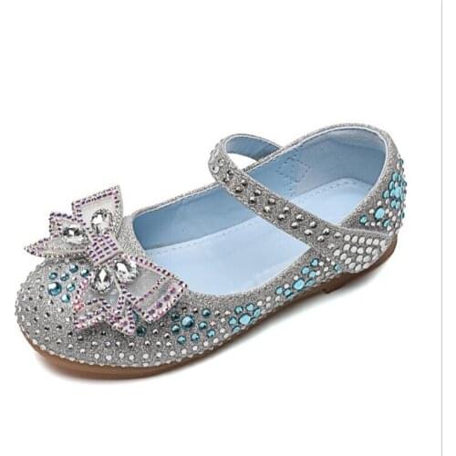 Leather Crystal Bow Sequined Children Princess Crystal Flat Heel Shoes Wedding Shiny Girls Shoe