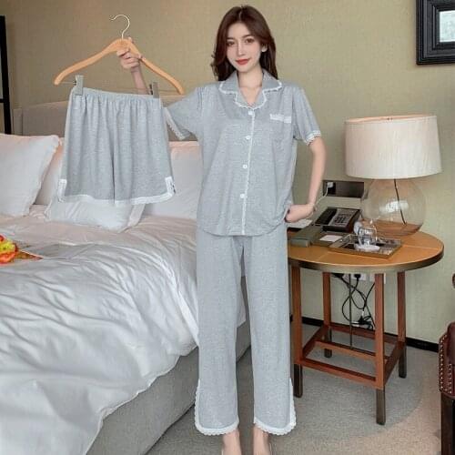 Summer Women Polyester Pyjamas 3 Pieces Sweet Lace Sleepwear Casual Short Sleeve Shorts Trousers Soft Pjs Homewear Suit