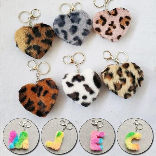 Cute Faux Rabbit Fur Ball Keychains Pompom Leopard Plush Heart Key Chains Pom Pom Car Keyring Holder Charm Bag Pendant Gifts