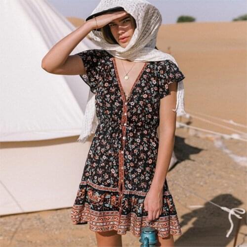 Boho Floral Printed Mini Dress Button V Neck Ruffle Sleeve Vintage Chic Vestidos Summer Beach Casual Sexy Woman Short Dress Fad