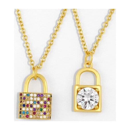 Lock multicolor micro pave cz zircon cubic zirconia necklace copper Clavicle gold plated Snake Chain Choker Pendant 35t