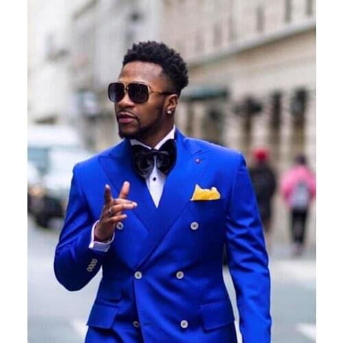 2021 New Casual Fashion Men Suits Double Breasted Groom Tuxedos Groomsmen Royal Blue Best Man Suit For Wedding Mens Blazer Suits