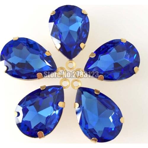 New product light blue faltback tear-drop Gold bottom Superior quality AAA Glass Crystal Single hanging sew on rhinstones