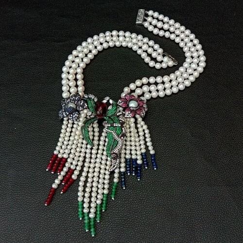 18'' 3 Strands Cultured White freshwater Pearl Multi Color stone statement Necklace gunmetal color plated CZ Pendant necklace