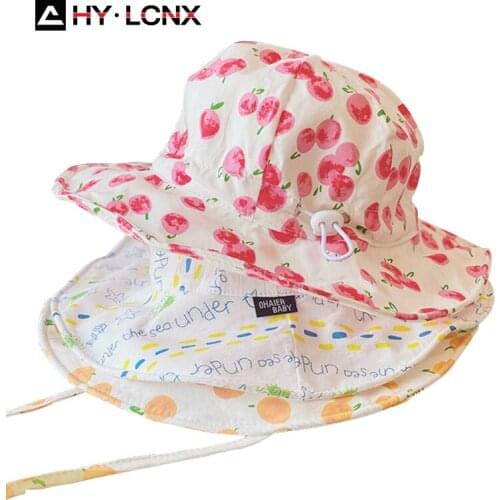 Summer Children Cotton Lightweight Breathable Cartoon Print Big Brim Fisherman Hat Boy Girl Outdoor Sports Cute Sun Bucket Hat