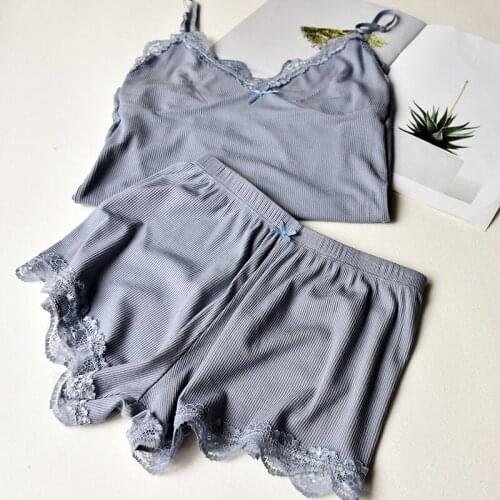 Cotton Pajamas Set for Women Sexy Lace Top and Shorts Pajama Sets Spaghetti Strap Sleepwear High Elastic Woman Clothes