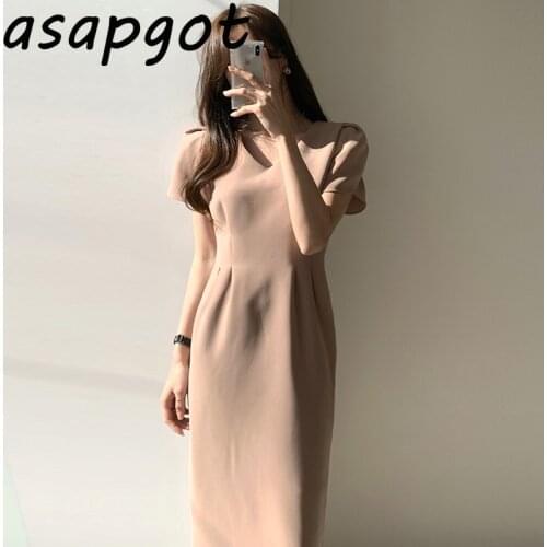Dresses Elegant Temperament Koeran Chic Office Lady Summer Plus Size Puff Short Sleeve Khaki Dress Slim V Neck Waist Black