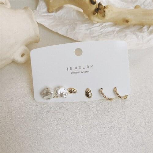 Fashion Retro Set Three Pairs Of Baroque Freshwater Pearl S925 Earrings Metal Geometric Cold INS Earrings Trendy Women