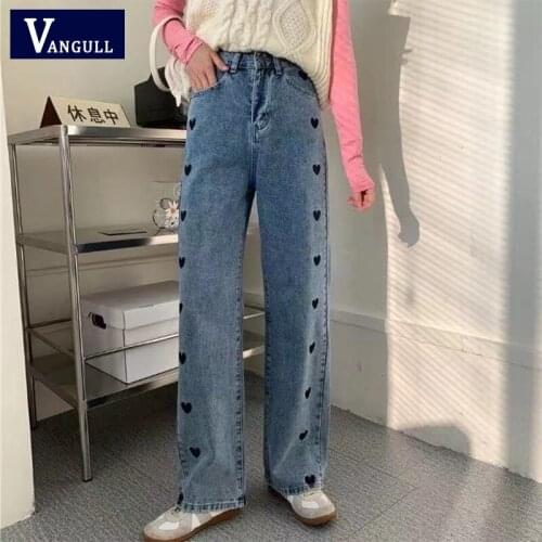 Vangull Women High Waist Loose Pants 2021 Spring New Black Bule Wash Fold Love Embroidery Jeans Casual Vintage Straight Pant