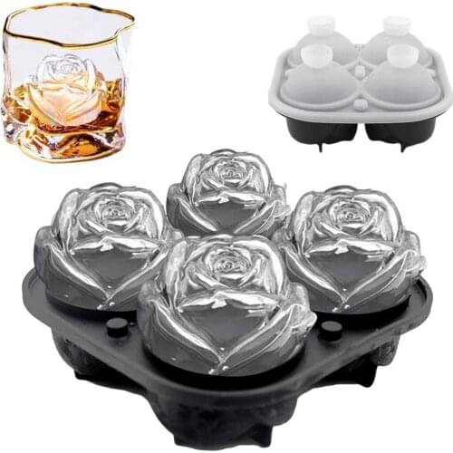4 Grid Rose Flower Ice Cube Maker Silicone Ice Cube Mould Durable Bar Accessiories Kitchen Tools Whiskey Drink Ice Mold Silicone