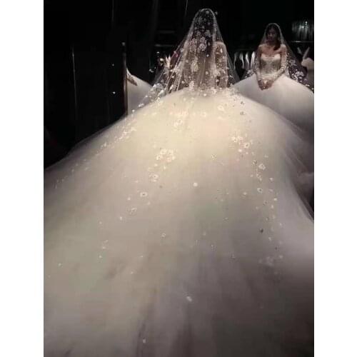 Appliques Wedding Veil White Floor Length Long Train Tailing Flowers Pearls Bridal Veils for Elegant Woman Wedding Accessories