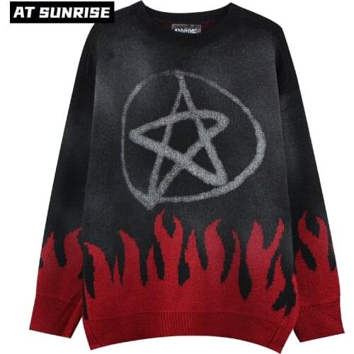 Men Women Hip Hop Streetwear Harajuku Sweater Couples Retro letter flame Sweater Knitted Sweater winter Cotton Pullover Unisex