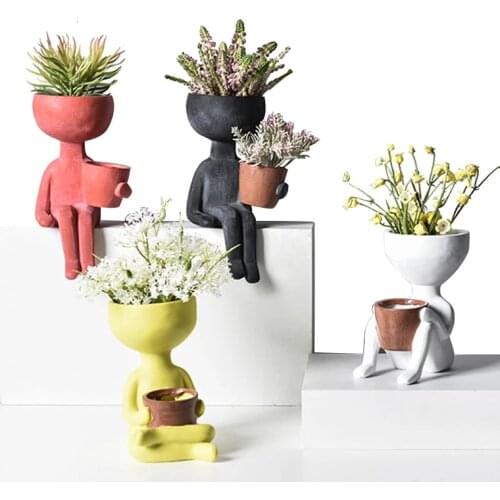 Imitation Humanoid Resin Succulent Plant Container Vase Fleshy Flower Bonsai Head Pot Desktop Mini Landscape Home Decoration